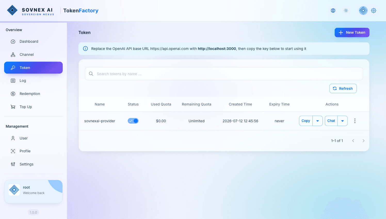 Gateway Token page with a created token